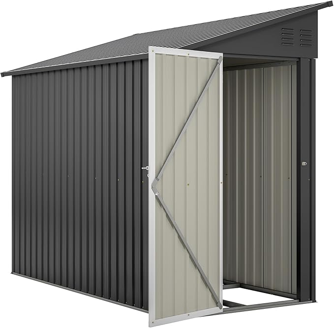 4×8 FT Lean to Metal Shed,Outdoor Heavy-Duty Storage Shed with Floor Base,All Weather Waterproof Garden Tool House W/Lockable Door&2 Air Vent,Reversible Door Design,for Backyard,Patio,Lawn,Black
