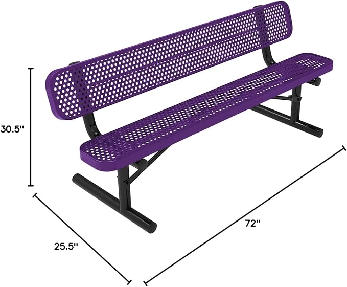 Coated Outdoor Furniture Heavy-Duty Portable Outdoor Bench Thermoplastic Coated, Punched Steel, Commercial-Grade Seating, Made in America (Portable With Back, 6 Ft, Textured Purple)