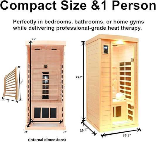 Ceramic Infrared Sauna with Backrest, 1 Person Low EMF Far Infrared Sauna for Home, 1300watt Canadian Hemlock Wood Indoor Saunas with 6 Heating Panels,Blue-Tooth Control, LCD Display