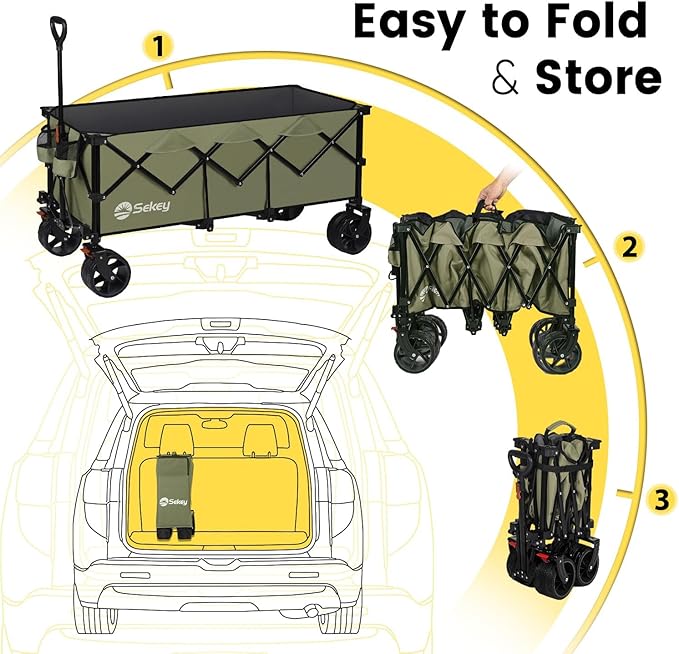 Sekey 48''L Collapsible Foldable Extended Wagon with 440lbs Weight Capacity, Heavy Duty 300L Folding Utility Garden Cart with Big All-Terrain Beach Wheels & Drink Holders. Khaki