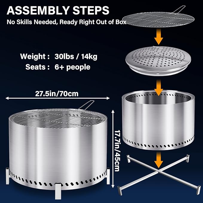 HGD 27.8" Smokeless Fire Pit Stove with Stand & Grill Rack, Large Stainless Steel Wood Burning Firepit for Outdoor Backyard Patio Garden BBQ Party