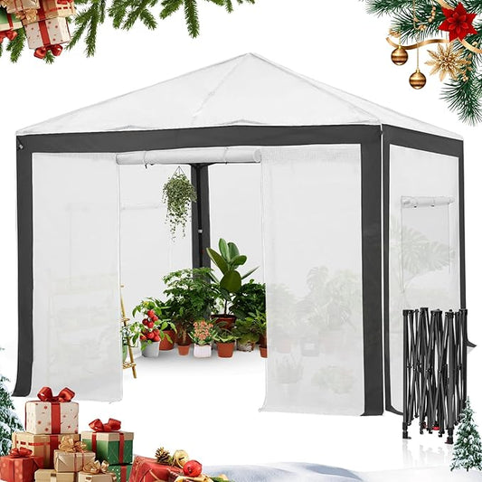 EAGLE PEAK 10x10 Portable Walk in Greenhouse with Polyester Reinforced Corners, Instant Pop up Indoor Outdoor Gardening Green House, Roll Up Zipper Entry Doors and Mesh Windows, Gray/White