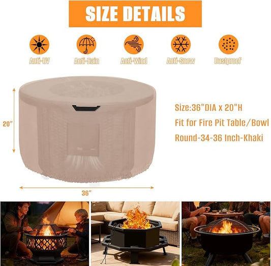 Kovshuiwe Round Fire Pit Cover-600D Fabric Waterproof and Resistant Material, Fits Outdoor For 34-36 Inch Fire Pit /Table Cover, Patio Fire Bowl Cover-36"DIA x 20"H, Khaki