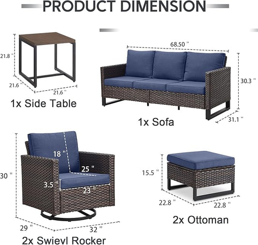 6 Piece Wicker Patio Furniture Set - Outdoor Swivel Rocker Chairs Set with Side Table, 3 Seat Sofa and Ottomans, Small Patio Conversation Sets Proch Furniture for Balcony Deck - Brown/Blue