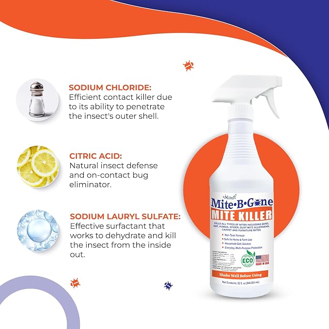 Mite Killer Spray by Mite-B-Gone — Kills Human Mites, Dust, Spider, Rat, Carpet & Bird Mites in Homes, Furniture, Bedding, Auto & On Animals | Non-Toxic | Kid & Pet Safe | 32oz Spray