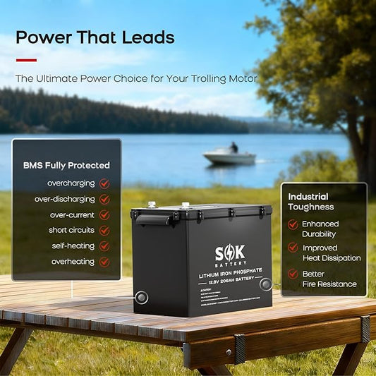 SOK Battery 12V 206Ah LiFePO4 Lithium Battery with Bluetooth, Marine Grade IP65, 8000+ Deep Cycles with Low-Temp Protection for RVs, Marine, Home Energy Storage and Off-grid Solar Wind Systems