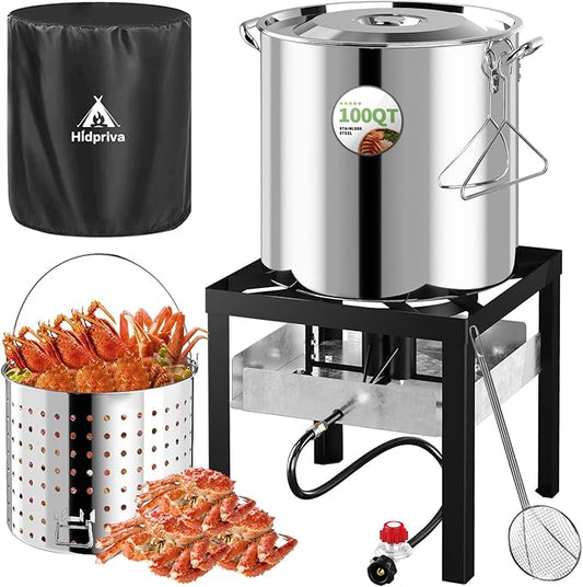 Stainless Steel 100QT Crawfish Boiler Kit, Waterproof Cover & 18-inch Skimmer, 110,000BTU Propane Burner Stove, 0-20PSIG Regulator, Seafood Boil Pot, Crab Boil Pot with 80QT Basket