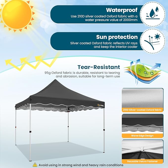 HOTEEL 10x10 Pop Up Canopy, Easy Setup Party Tent with Carry Bag, Weight Bag, Outdoor Portable Event Shelter for Backyard, Market, Black