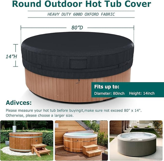 AKEfit Round Hot Tub Cover, 600D Polyester Waterproof for Hot Tub, UV Protection & Windproof, 80''x 14'', Black