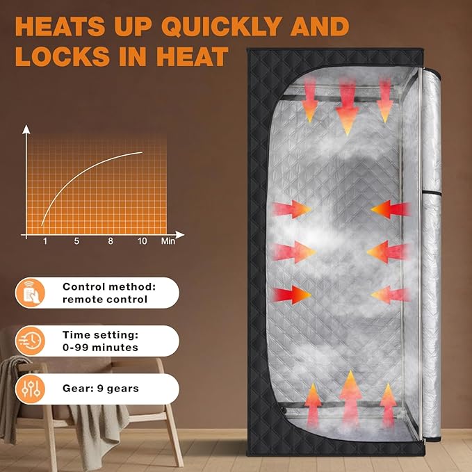Portable Sauna Box for Home, Personal Steam Sauna Tent with 3L 1200 Watt Steamer, Remote Control and Fodable Chair, for Steam Detox Relaxation Spa, Indoor & Outdoor, 9 Levels, 2.6’ x 2.6’ x 6.1’