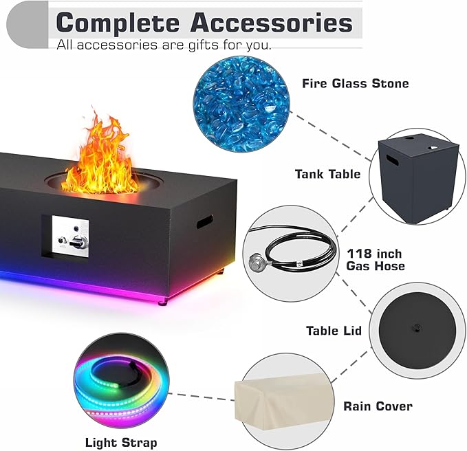 48 inch Propane Fire Pit Table LED, 2 in 1 Rectangular Outdoor Fire Pit with 20lb Tank Cover, Outside Patio Deck and Garden, Gas Fireplace Table with Lid and Stone, 50,000 BTU Adjustable Flame