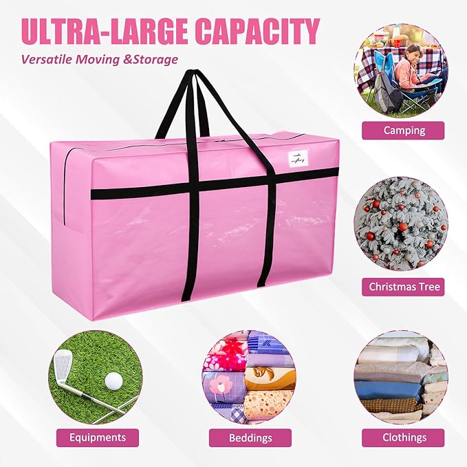 Windyun 4 Pack 98 Gallon Extra Large Storage Bags XXL Moving Bags with Zipper Handles Heavy Duty Jumbo Big Tote Box for Christmas Tree Storage 4, 5, 7.5, 9, 10, 12 ft Skeleton College Dorm(Pink)