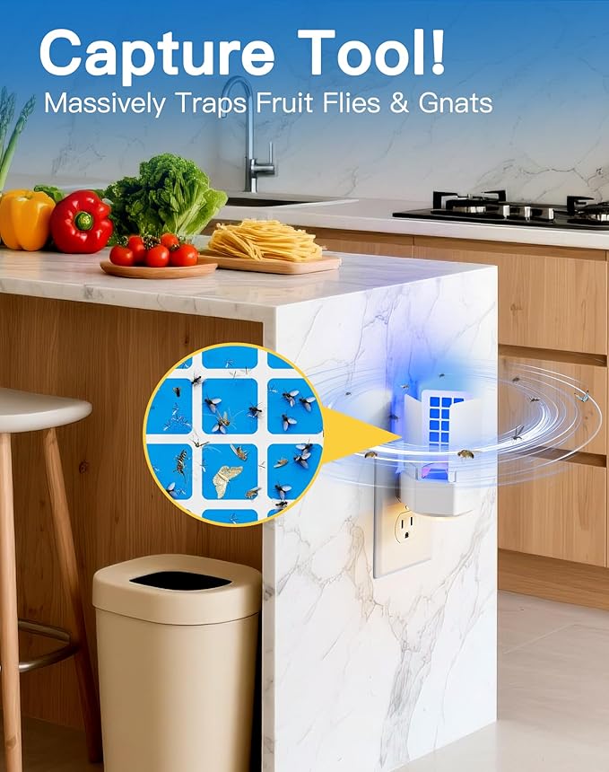 Plug-in Fly Trap Indoor with Three-Sided Glue Board, 2 in 1 Gnat Traps for House Indoor with UV & Night Light, Flying Insect Trap for House & Fruit Flies (1 Device + 6 Glue Boards) (White)