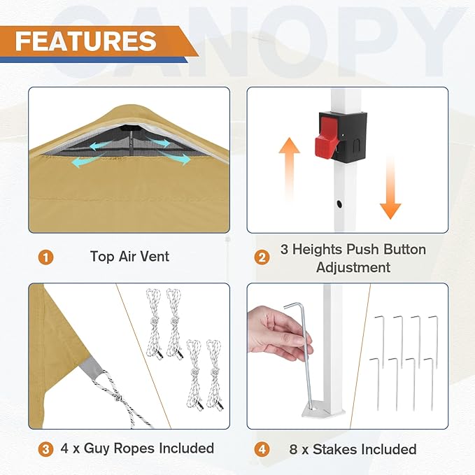 EAGLE PEAK Pop Up Canopy Tent with 1 Sidewall, Easy Setup Event Tent, Outdoor Sun Shade, Wheeled Carry Bag, Stakes and Guy Ropes, Instant Canopy 10x10, Beige