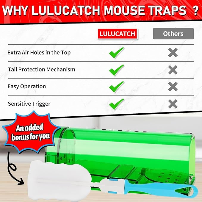 LULUCATCH Humane Mouse Traps 4 Pack, Live Mouse Traps, Reusable with Cleaning Brush, No Kill Catch and Release Indoor Outdoor Rat Cage, Pet Safe Pest Control for Mole, Chipmunk & Squirrel