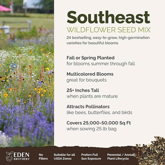 Eden Brothers Southeast Wildflower Mixed Seeds for Planting, 25 lb, 12,000,000+ Seeds with Cornflower, Blanket Flower | Attracts Pollinators, Plant in Spring or Fall, Zones 3, 4, 5, 6, 7, 8, 9, 10