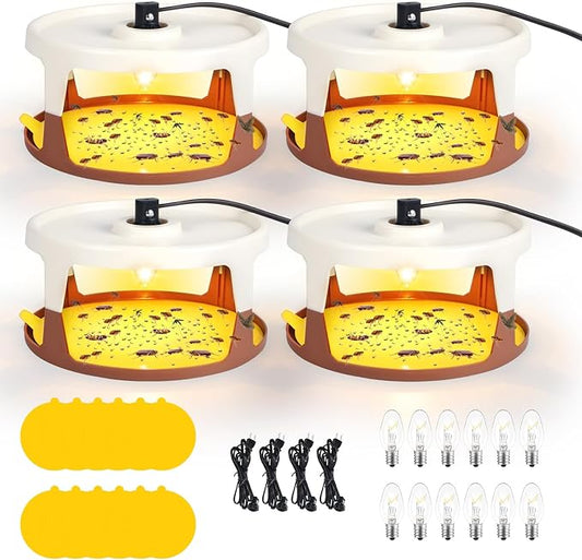 4 Pack Flea Traps for Inside Your Home, Flea Light Trap for Indoor Flying Insect Control Trapper with 12 Bulbs, 12 Sticky Pads Refills Bed Bug Trap for House Indoor