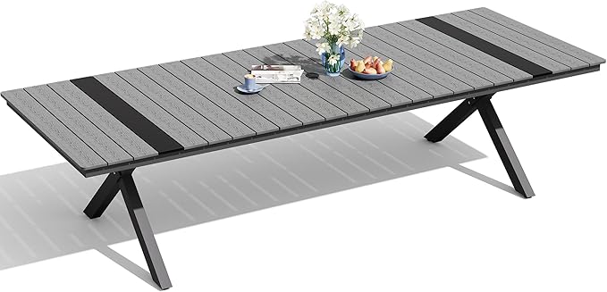 Pellebant 118" Outdoor Dining Table for 8-12 Person, Aluminum Patio Dining Table with Umbrella Hole, Waterproof Wood-Like Tabletop for Lawn Garden Backyard, Grey