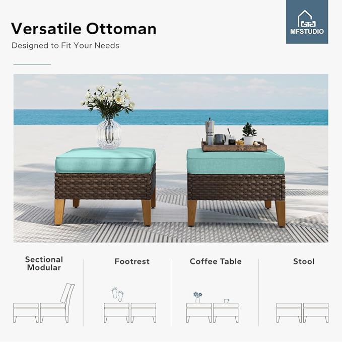MFSTUDIO 8 Pieces Extra Large Wicker Patio Furniture Set, Rattan Half-Moon Sectional Sofa Outdoor Conversation Set, 2 x Curved Sofa, 2 x Armless Couch, 2 x Ottoman, 2 x Corner Chair(Aqua Blue Cushion)