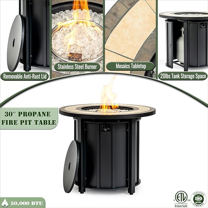 Propane Fire Pit Table, 30" Firepits for Outside, Gas Fire Pit for Outside Patio, Propane Fire Table with Ceramic Tabletop for Patio, Pool, Tank Inside, Tank Not Included, 50000BTU, Black
