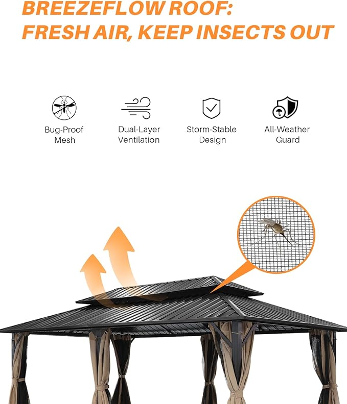 SEEHILL 12' x 20' Hardtop Gazebo, Outdoor Patio Gazebo, Aluminum Frame Patio Hardtop Gazebos with Netting and Curtain, Outdoor Patio Pergola with Double Steel Roofs for Deck, Lawns, Parties, Sandstone