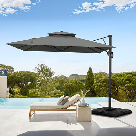 GREEN PARTY 12x9 ft Cantilever Patio Umbrella, Rectangle Offset Outdoor Umbrellas with 360° Rotation, 5-Year-Non-Fading Hanging Pool Umbrella for Garden Deck Poolside - Grey