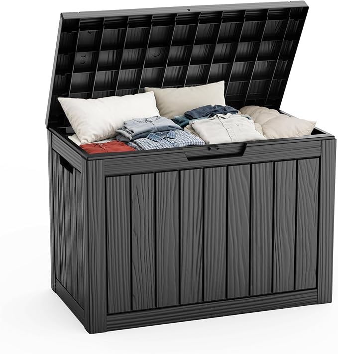 45 Gallon Outdoor Storage Box Waterproof,Outside Delivery Package Deck Box with Lockable Lid,Poolside Storage Bin for Garden Tools,Patio Cushion,Black