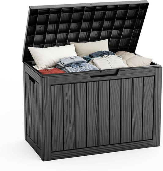 45 Gallon Outdoor Storage Box Waterproof,Outside Delivery Package Deck Box with Lockable Lid,Poolside Storage Bin for Garden Tools,Patio Cushion,Black