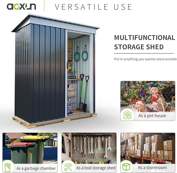 Aoxun 5x3FT Outdoor Shed Metal Storage Shed with Single Slooping Roof Lockable Door Steel Utility Tool Shed Outdoor Storage Garden Shed for Backyard Garden Patio Lawn, Black