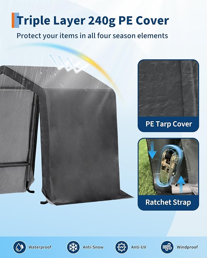 7X12 FT Heavy-Duty Portable Outdoor Storage Shed with Roll-Up Zipper Door & Vent, 240g Waterproof Carport Storage Shelter, UV-Resistant Canopy for Motorcycle, Firewood, Tools -Gray ﻿
