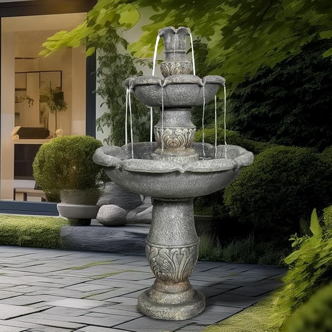 ourrco Garden Rustic Outdoor Floor 2-Tier Water Fountains 48.4" H Classical Flowerpot Shape Top Concrete Fountain and Waterfalls for Outdoor, Garden, Backyard, Porch, Deck, Patio