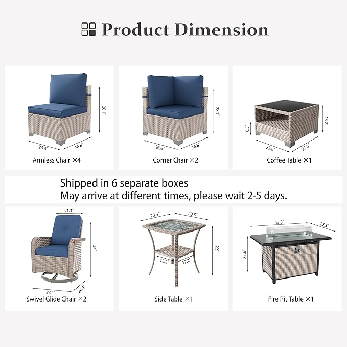 11 Pieces Patio Furniture Set with Fire Pit Table, Outdoor Sectional Wicker Sofa with Thick Cushions, High Back Swivel Rocker Patio Chairs, Rattan Conversation Set with Coffee Table, Navy
