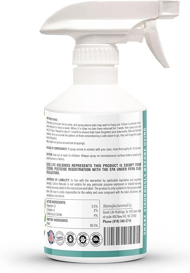 Bat Repellent Spray - Indoor/Outdoor Natural Deterrent, Discourage Invasion/Nesting Attic, Barnes, Homes, Garages (16 oz)