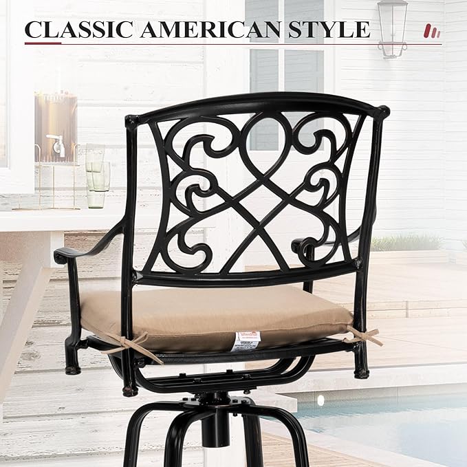 Crestlive Products Outdoor Bar Stools with Sunbrella Cushion Set of 2, 360° Swivel Patio Bar Height Chairs, All Weather Heavy Duty Commercial Grade Furniture, Antique Brown Finish for Outside (Beige)