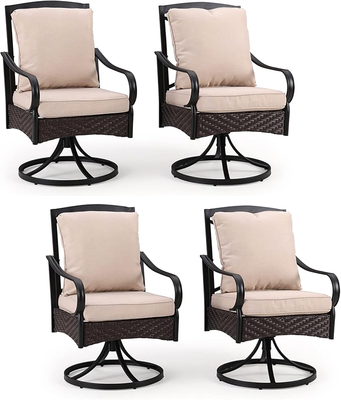 MFSTUDIO Swivel Patio Chair Set of 4, Outdoor Dining Chairs with Thickened Cushions, Metal Wicker Swivel Dining Chairs, Outdoor Furniture Chairs for Table, 300lbs