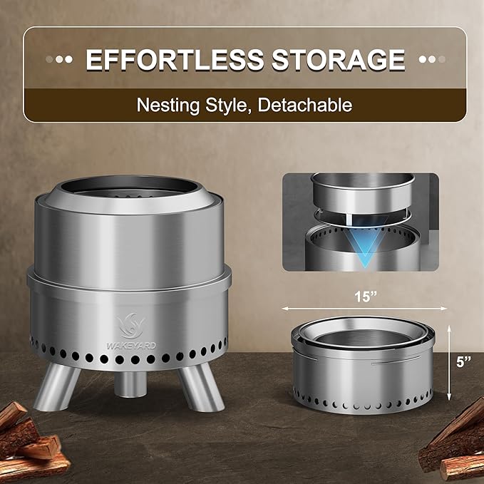 Smokeless Fire Pit, 15 Inch Portable Smokeless FirePit for Outside with Fire Poker and Carry Bag, Stainless Steel FirePit, Easy Setup and Storage, Sliver