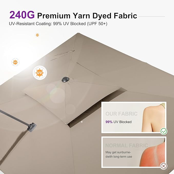 PURPLE LEAF 12ft Patio Umbrella with Base Large Outdoor Square Umbrella Deluxe Hanging Double Top Cantilever Offset Market Umbrella Windproof Garden Umbrella Taupe