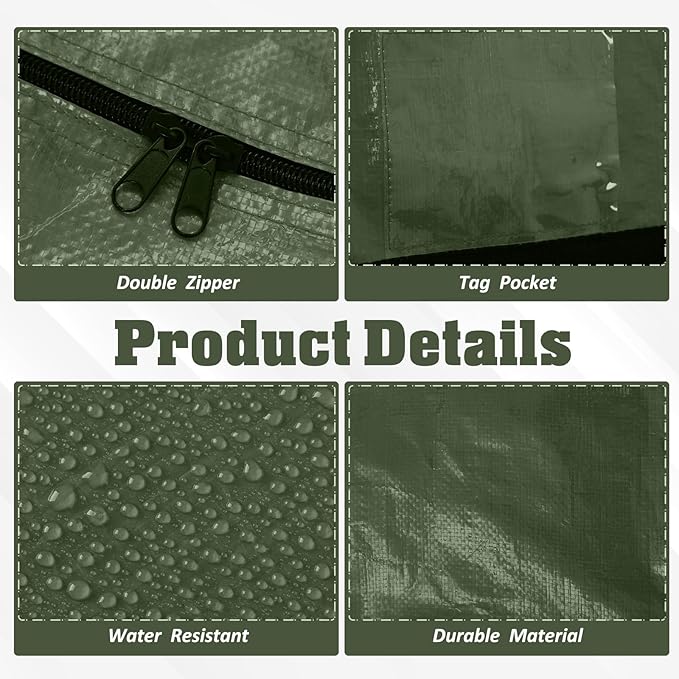 Windyun 4 Pack 177 Gallon Extra Large Storage Bags XXL Moving Bags with Zipper Handle Heavy Duty Jumbo Big Tote Box for Christmas Tree Storage 4, 5, 7.5, 9, 10, 12 ft Skeleton College Dorm(Army Green)