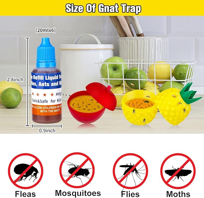 Fruit Fly Trap Refill Liquid Only, 0.68oz/ Bottle, Safe Bait, Ready-to-Use Gnats Killer Indoor Trap, Effective Lure Refill Gnat Catcher for Home Kitchen(6 Pack)
