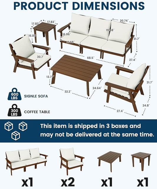 FOOWIN 7-Piece Patio Furniture Set, HDPE All-Weather Outdoor Conversation Set with Thick Cushions, Sectional Patio Sofa Furniture for Deck, Porch, Lawn, Garden, Brown Frame & White Cushion