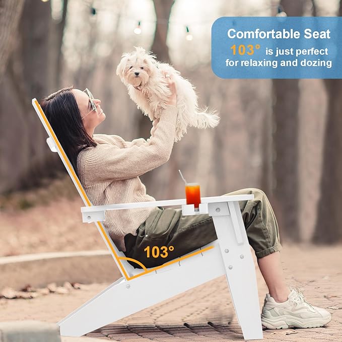 MXIMU Modern Adirondack Chairs Set of 8 Weather Resistant with Cup Holder Oversize Plastic Fire Pit Chairs Plastic Outdoor Chairs for Firepit Area Seating (White)