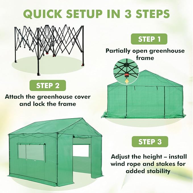EAGLE PEAK 10x10 Portable Pop Up Greenhouse, Patented Center Lock Easy One Person Setup, Walk-in Outdoor Greenhouse with Gable Roof, Weight Bags, Zippered Doors & Windows - Winter Support Pole, Green