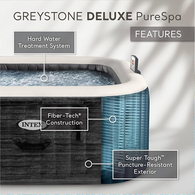 Intex Handheld Above Ground Pool Vacuum Cleaner with 2 Brush Heads and PureSpa Plus 4 Person Inflatable Square Hot Tub Spa, Greystone