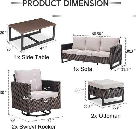 6 Piece Wicker Patio Furniture Set - Outdoor Swivel Rocker Chairs Set with Coffee Table, 3 Seat Sofa & Ottomans, Small Patio Conversation Sets Proch Furniture for Balcony Deck - Brown/Beige