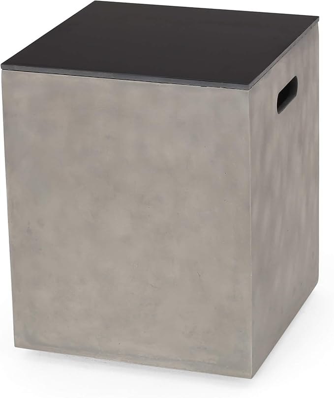 Propane Tank Cover Table for Fire Pits, 20 LB Concrete Propane Tank Holder with Side Handles, Outdoor Tank Storage Side Table for Patio, Gas Griddle, Black+Gray, Ceramic Top