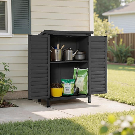 MCombo Outdoor Storage Cabinet, Small Storage Shed with Removable Shelf, Wood Garden Shed with 2 Doors for Yard Patio Lawn (24.6 x 18.3 x 38.2 inch) 0985 (Grey)