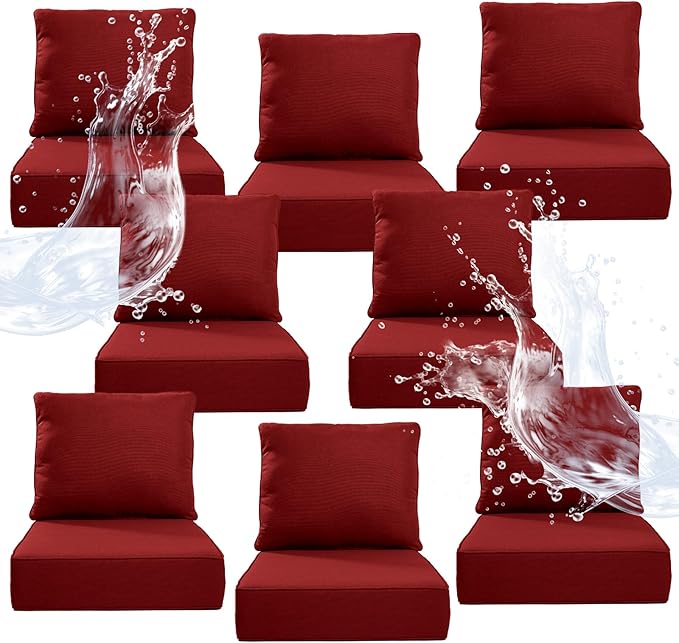 6" Thicker Outdoor Chair Cushion 8 Sets - 24" *24" *6" Waterproof Patio Furniture Cushions with Removable Cover, 28D High Density Sponge Filling Thicken Outdoor Patio Cushions - Red