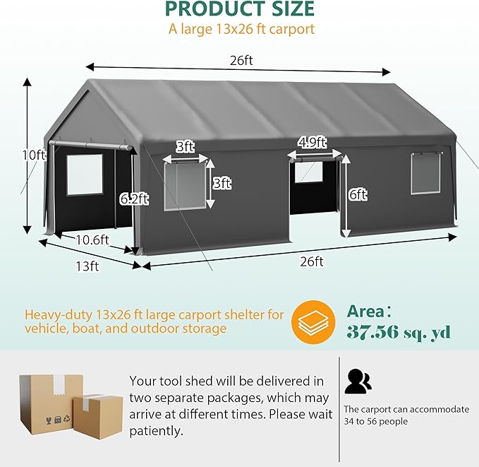 13x26 FT Canopy with 2 Roll-Up Doors,Waterproof Party Tent w/Steel Frame & Ventilation Windows,Carport & Storage Shelter for Vehicle,Car,Grey