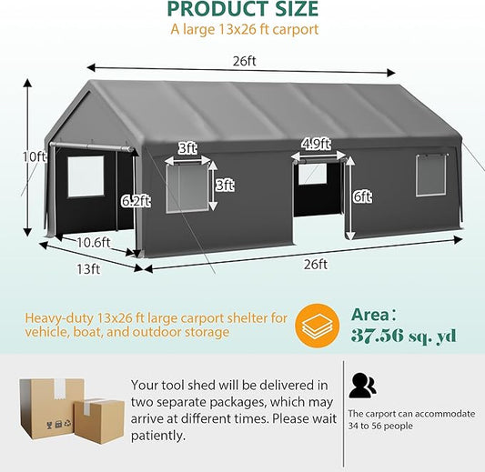 13x26 FT Canopy with 2 Roll-Up Doors,Waterproof Party Tent w/Steel Frame & Ventilation Windows,Carport & Storage Shelter for Vehicle,Car,Grey