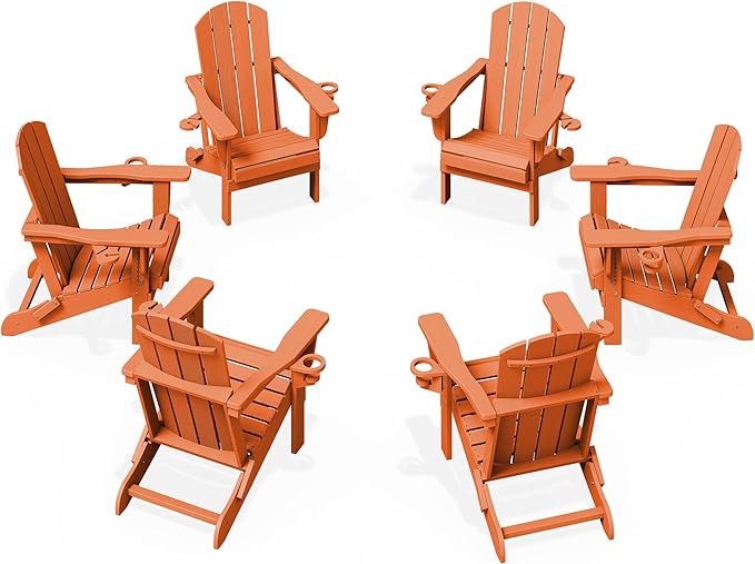 KINGYES Folding Adirondack Chair Set of 6, Dual Cup Holders & All-Weather HDPE, Wood-Like Patio Chair for Backyard, Camping, Pool & Fire Pit, Orange